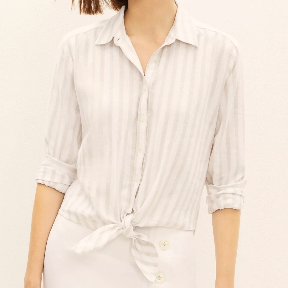 Loft Petites Striped Tie Front Linen Blend Button Up Shirt Beige White Size SP